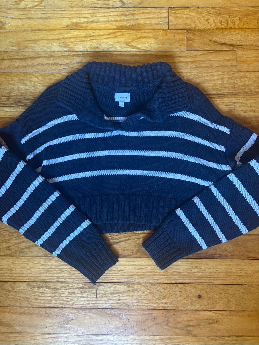 La Hearts Navy & White Striped Cropped Crew Sweater